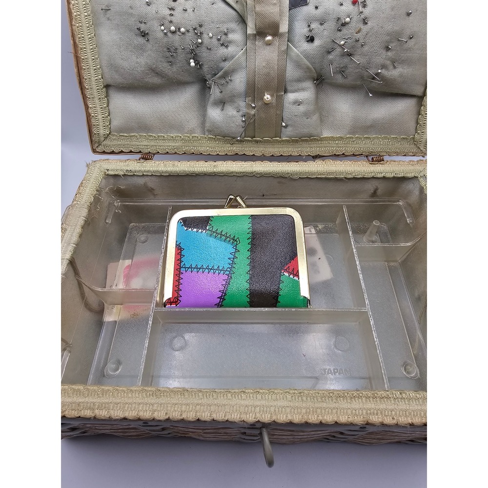 Vintage Wicker Sewing Basket with Removable Tray and Patchwork Purse Sewing Kit - Picture 3 of 10